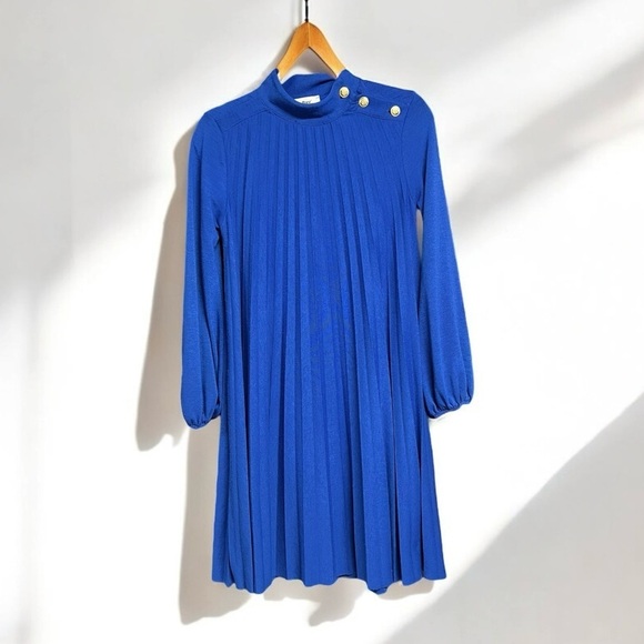 🌻B.yu Blue Pleated Mock Neck Long Sleeve Swing Dress Gold Button Accents Size S - Picture 2 of 12